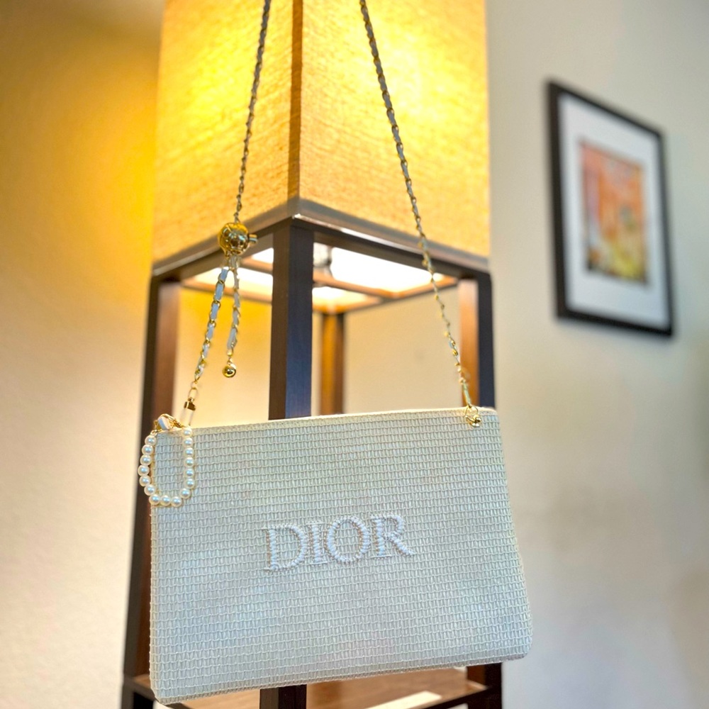 Brand New! Large Dior Raffia Crossbody Bag Pouch With Long Chain (10.5"x7.5")
